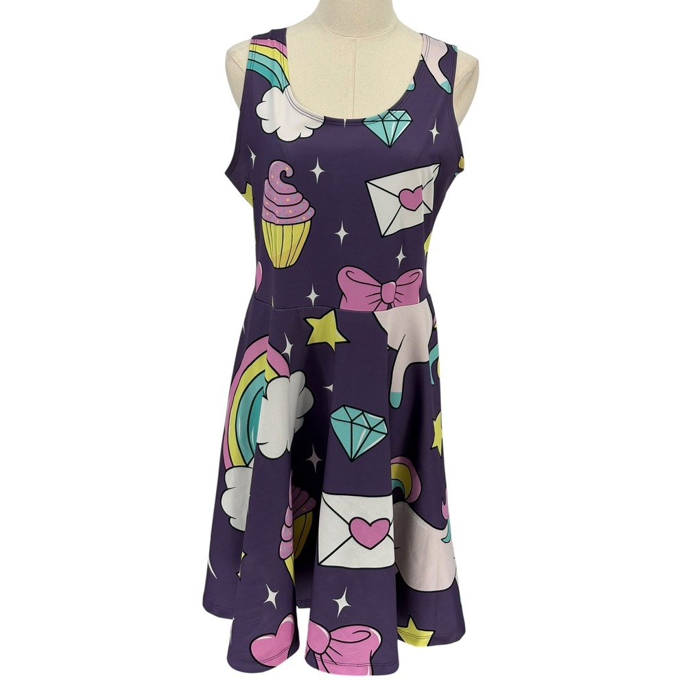 CowCow Skater Dress Purple Unicorn Cupcake Rainbow Novelty Print XL